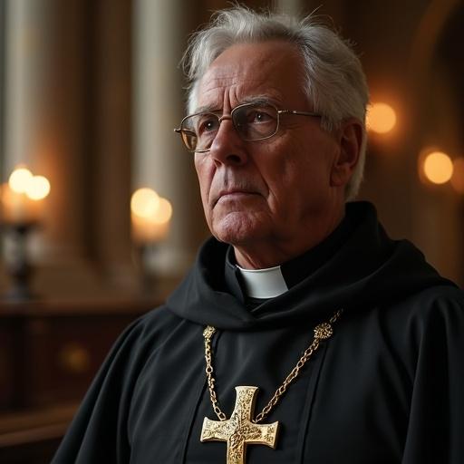 A closeup shot of a priest wearing black attire with a gold cross. Warm candlelight illuminates the background creating a serene ambiance.