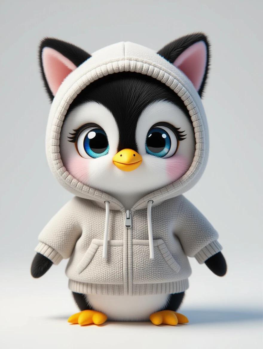 3D plushie baby penguin character with large anime eyes. Penguin wears a hoodie with cat ears. Background is white and seamless. Soft lighting creates a gentle feel. Shadows are soft and subtle.