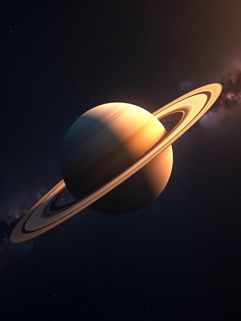 A detailed depiction of the planet Saturn featuring its stunning rings against a dark cosmic background. Vibrant colors accentuating the planet's atmosphere and textures. Variety of tones including golden and blue hues. Astrological ambiance with stars subtly in view.