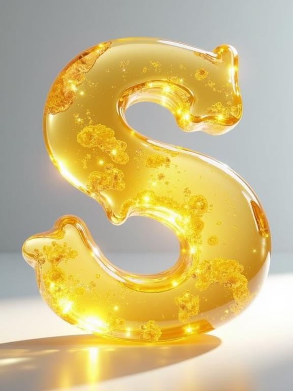 Hyper-realistic 3D rendering of letter S in ornate script style made of transparent yellow crystal. Polished surface captures light with jewel-like glow. Soft gray backdrop adds depth. Dreamy and minimal aesthetic.