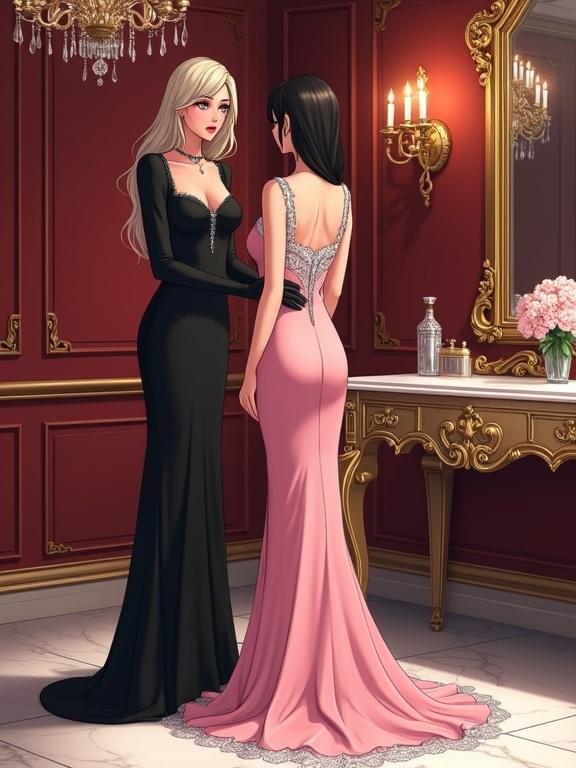 In a luxurious vanity room with ornate gold-framed mirrors and deep red velvet furnishings, a tall woman in a black dress stands beside a 20-year-old crossdresser wearing a floor-length pink silk dress adorned with white lace trim. The woman's right hand rests on a silver padlock attached to the dress. The woman maintains direct eye contact with a stern expression, while the crossdresser displays a surprised expression. Crystal chandeliers illuminate the space with warm light, casting shadows across the polished marble flooring. A vanity table with elaborate carvings features crystal vases and perfume bottles. Digital anime artwork with clean linework and soft shading.