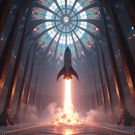 Futuristic rocket ship launches through stained-glass temple roof. Digital illustration in visionary sci-fi style. Ultra high resolution with prismatic shards and light fractals. Rainbow hues with silver and radiant glow.