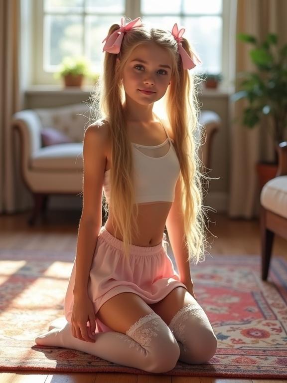 A girl with long blonde twin tails kneels on a colorful rug in a living room. She wears a crop top, pink skirt, and thigh-high socks. The room is softly lit, emphasizing her playful pose.