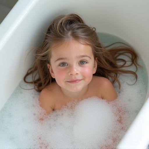 A young girl lies in a bathtub filled with bubbles. The girl looks at the camera with long hair around her. The setting is bright with natural light. The bathtub has a clean design. The atmosphere feels peaceful and serene.