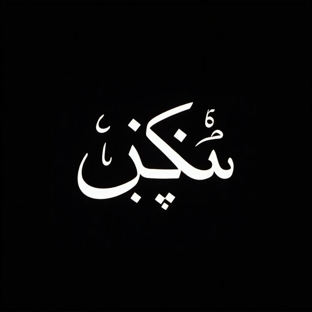 Bold white on a black background features Arabic calligraphy of the word 'سكن'.