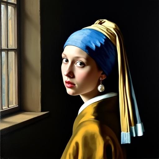 Realistic oil painting capturing a young European woman in exotic dress with a blue and gold turban and oversized pearl earring. Set against a dark background. She gazes at the viewer with an enigmatic expression, illuminated by soft light from a 17th-century Dutch window.