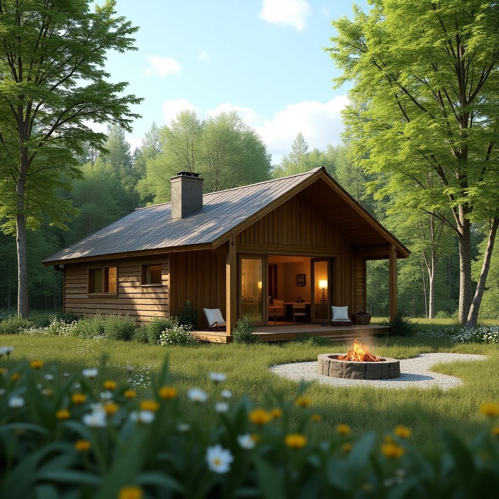 Wooden cabin surrounded by trees. Fire pit in front with flowers in foreground. Natural setting promotes simple living.