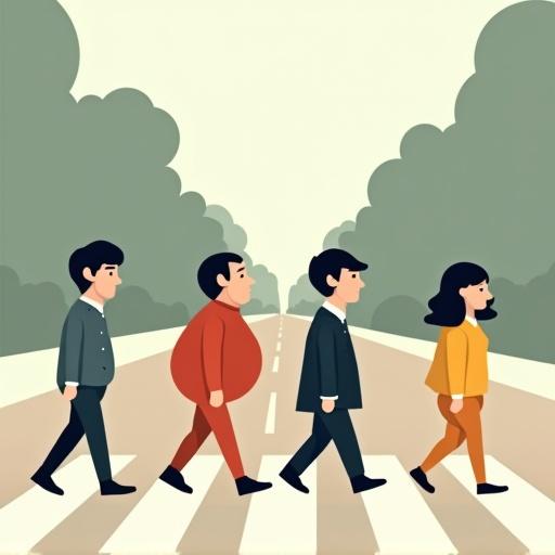 Illustration of diverse people crossing a road in a minimalist style. Characters have exaggerated body shapes and playful postures. Use muted colors with clean shapes and simple clothing. No hyperrealism or trendy outfits.
