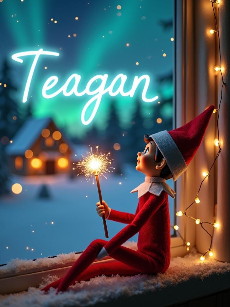 An elf on the shelf sits gazing skyward. It holds a glowing wand emitting sparkling light. The background features a charming Christmas scene with colorful northern lights. A cozy house is seen in the distance. Snow covers the ground. The elf embodies Christmas magic. The name Teagan appears written in the air by the wand.