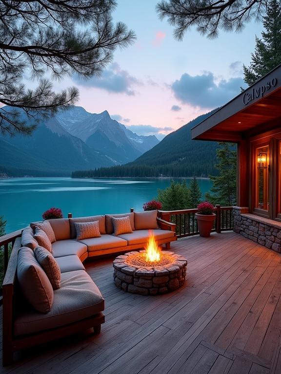 A cozy outdoor deck with a beautiful lake and mountain view during twilight. A stone fire pit with flames is at the center, surrounded by a stylish sectional sofa. The deck features wooden flooring and potted plants, creating a serene atmosphere.