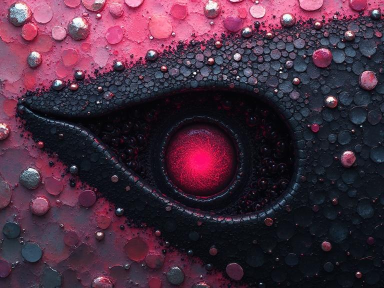 A close-up view of an abstract art piece featuring an eye created with iridescent ceramic tile and glass mosaic in pink and black tones. The eye is surrounded by a textured background with a glossy finish. Soft painting techniques give it an ethereal quality.