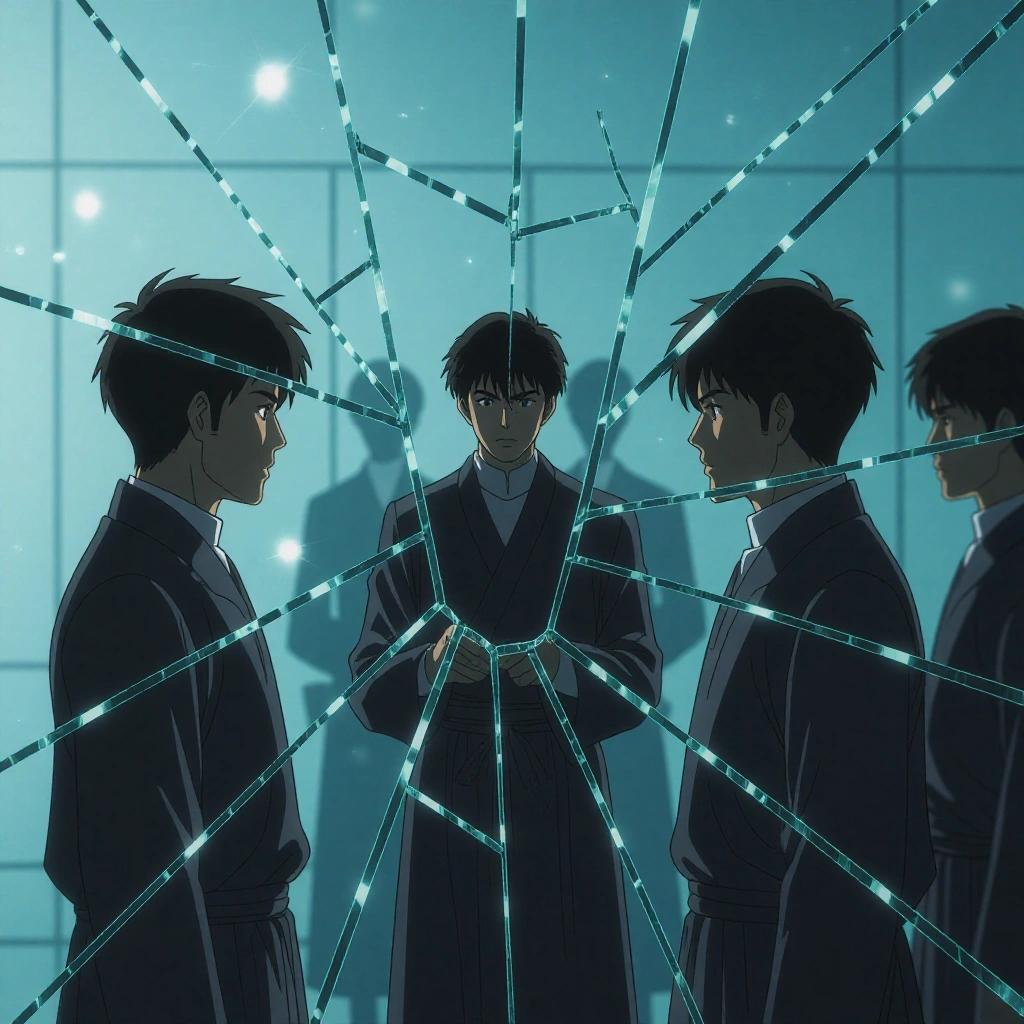 Silhouetted man with multiple reflections in shattered mirrors. Each reflection represents a different persona like a monk or surgeon. Anime style reminiscent of Makoto Shinkai. Centered composition with fragmented reflections. High contrast lighting highlighting the mirror edges. Muted color palette with greens and blacks. Mysterious and contemplative atmosphere. Lens flare effect and shallow depth of field create focus on silhouette against an abstract blurred background.