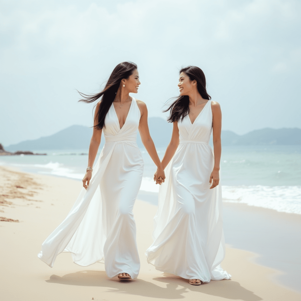 Two women in white dresses walk hand in hand along a serene beach with mountains in the background.