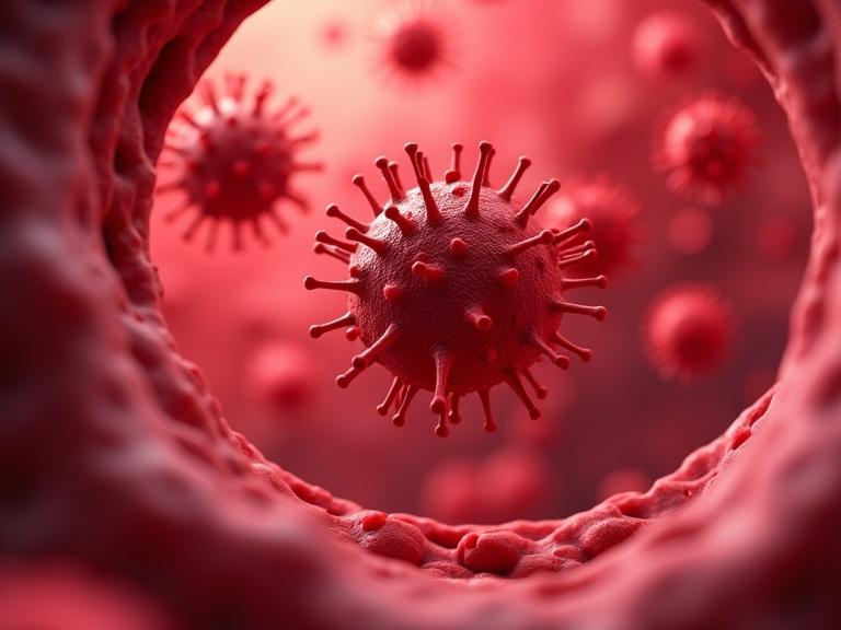 Highly detailed 3D medical illustration featuring red viruses and cancer cells floating in blood vessels amidst red blood cells. Background with soft texture representing inner body tissue using vivid red and pink tones. Shallow depth of field and dramatic lighting used.