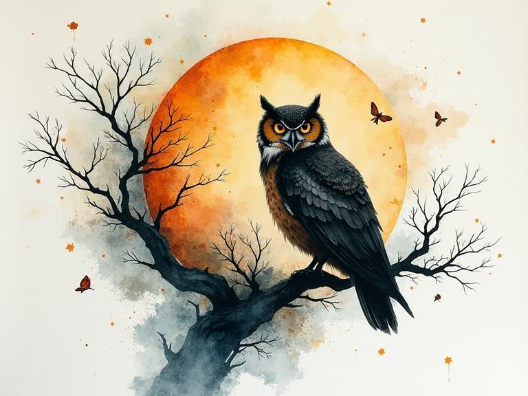 Majestic owl perched on a branch under a glowing moon. The owl has expressive eyes with intricate feather details. Surrounding the owl are splashy watercolor effects with soft colors. The background features a warm, orange moon with branches silhouetted. Butterflies flutter around peacefully.