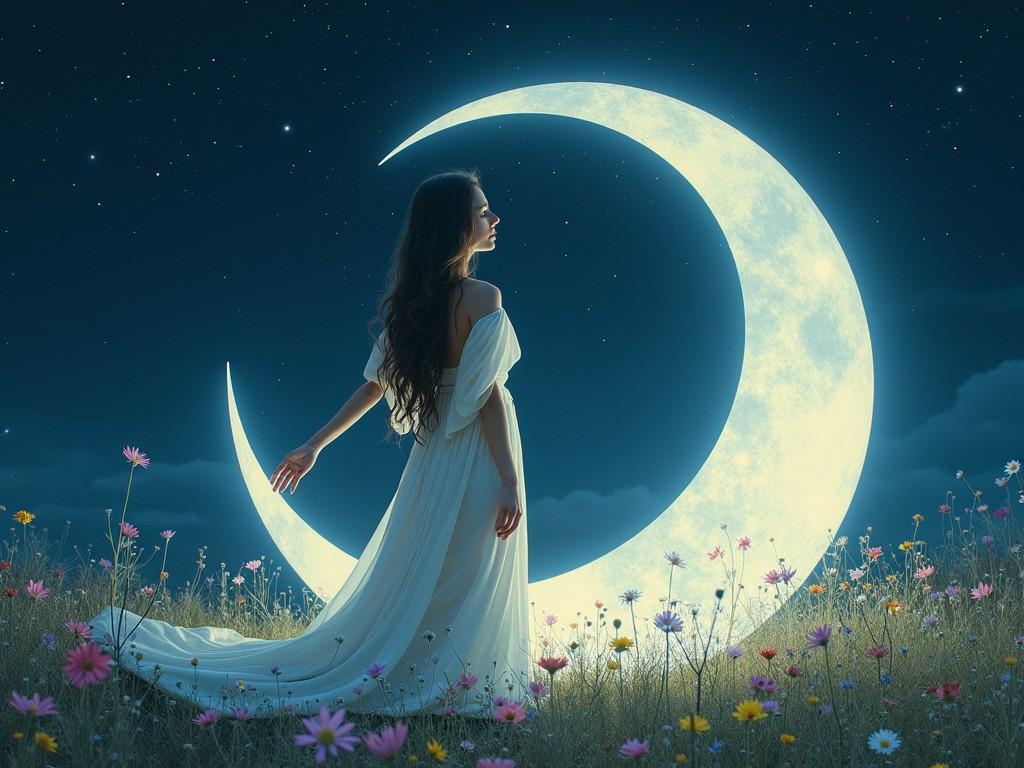 The image depicts a serene, moonlit night where a woman in a flowing, white gown stands gracefully on a field of wildflowers. She is centered beside an oversized crescent moon that provides an ethereal glow, illuminating the night scenery. The backdrop of a star-studded sky enhances the dreamlike, mystical quality of the scene.