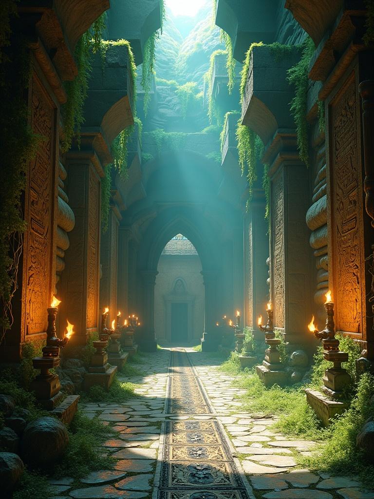 Vast hyper realistic ancient temple corridor. Weathered moss-covered stone walls. Overgrown with vines and tendrils. Adorned with intricate symbolic carvings. Mysterious hieroglyphics. Treasure chest at the far end. Lined with mechanical booby traps and pressure plates. Softly illuminated by warm golden torchlight. Bright blue-green daylight through cracks. Long ominous shadows on walls. Style reminiscent of Simon Stalenhag. Combined with Ash Thorp's industrial textures. Grant Freckelton's vibrant colors. Deep rich complementary color palette. Evokes depth and dimensionality. Intricate details. Sense of discovery and adventure. Stunning 8k resolution. Cinematic matte painting aesthetic.