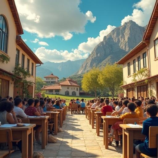 An image depicting a vibrant outdoor classroom setting filled with students and instructors. A large gathering of people enjoys a learning experience with mountains in the backdrop. The atmosphere is lively and engaging, highlighting community learning activities.