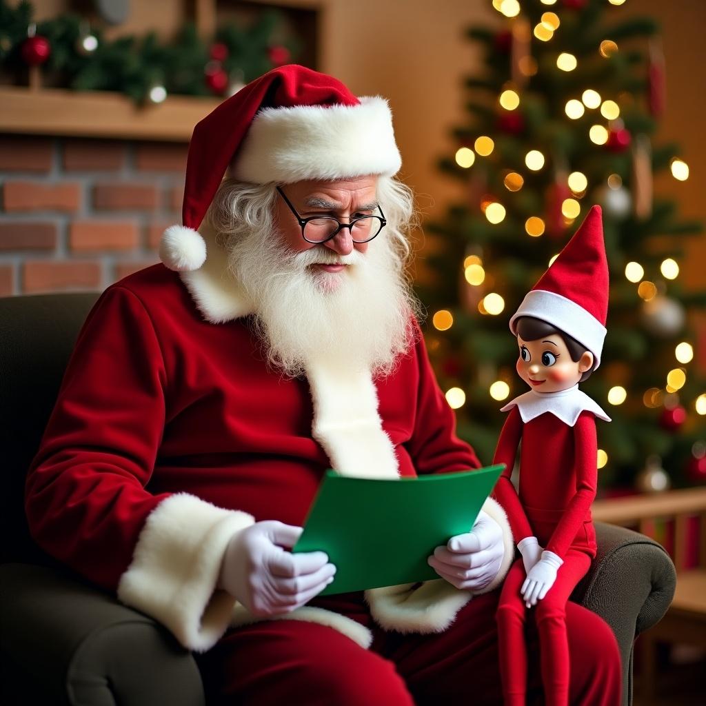 Santa reads green paper. Elf on the Shelf character sits beside Santa. Background has decorated Christmas tree and a cozy workshop. Scene shows warmth and holiday cheer.