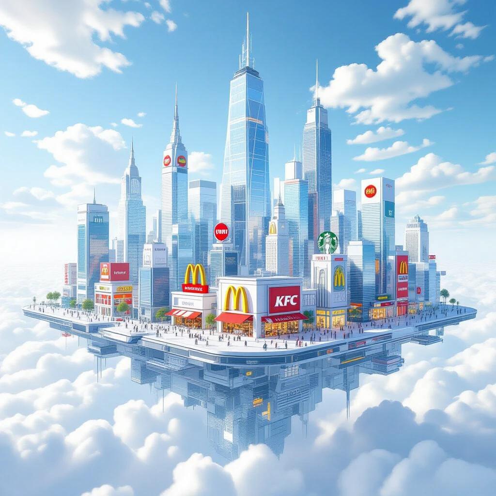 A futuristic city floats above an infinite white plane. The environment is purely white. Each building retains original design and colors. Fast-food chains like McDonald's KFC and Starbucks are clearly visible. Glass skyscrapers reflect natural hues. Luxury boutiques like Louis Vuitton and Chanel display iconic storefronts. Structures operate autonomously. The white foundation is flexible and reshapes buildings. At the center, a glowing crystal tower serves as the control core.