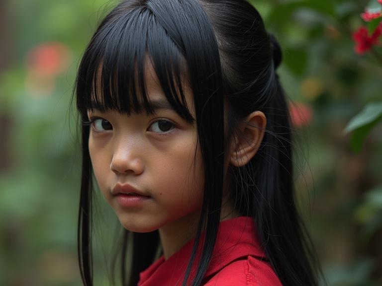 A young girl looks over her shoulder. Natural background with green foliage. She has long, straight black hair. Wears a black satin pajama with red lace. Her expression is calm and thoughtful.