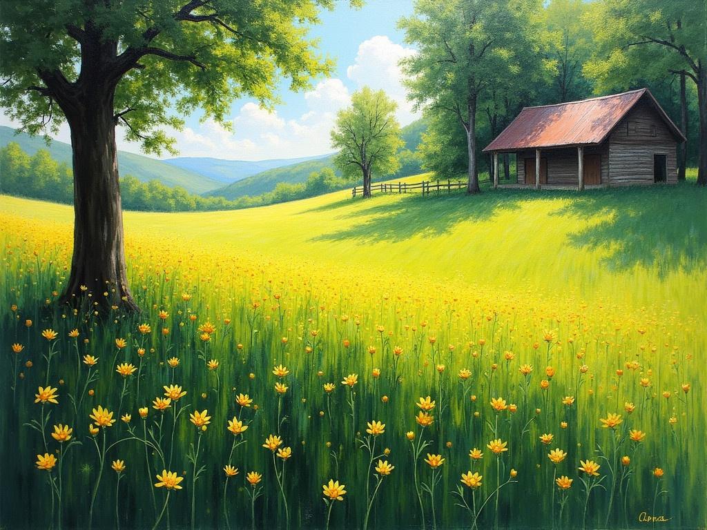 Oil painting depicting a vibrant grass field adorned with delicate yellow flowers under a bright, sunny sky. The scene captures the impressionistic style, showcasing the play of light and shadows cast by nearby trees. Shadows stretch across the field, creating a mesmerizing pattern on the lush greenery. The background features a gentle slope leading to a rustic structure, blending harmoniously with nature. The rich colors and brush strokes evoke a serene and peaceful atmosphere.