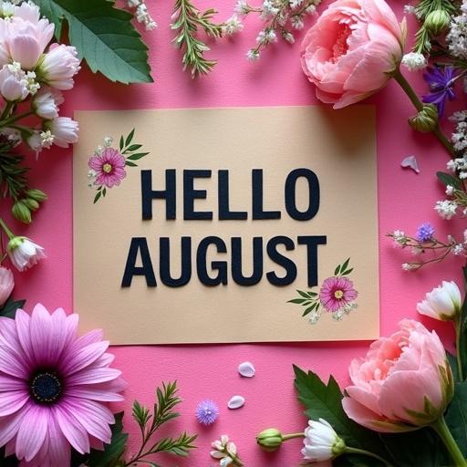 Central element is a rectangular piece of light brown paper. Bold black letters spell out HELLO August. Card is adorned with delicate floral illustrations. Background is a vibrant pink surface. Arrangement is framed by real flowers and foliage. Bright and even lighting characterizes this flat lay photograph.