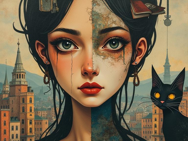 Surreal collage artwork features a woman with piercing eyes and a fragmented city background. A black cat observes the scene. Elements of mystery and memory intertwine. Soft colors and textures enhance the emotional depth.