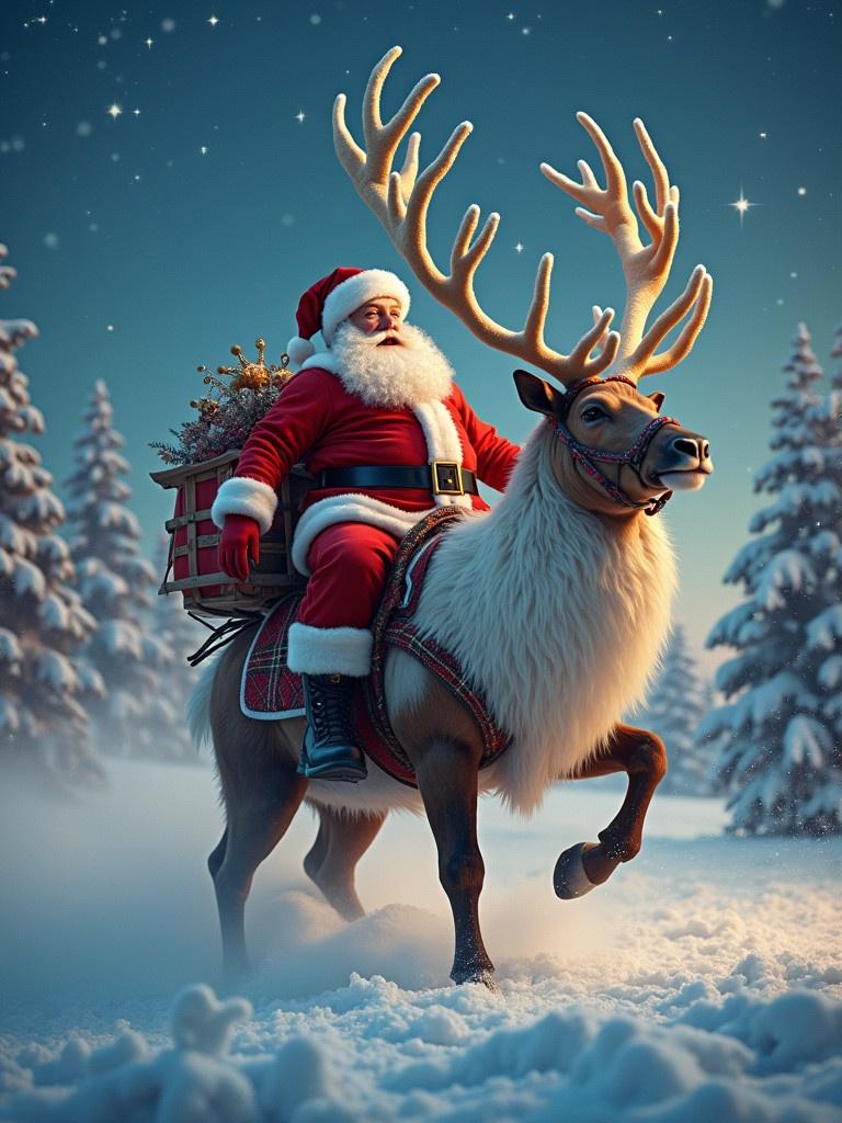 A massive Santa riding a majestic reindeer in a snowy landscape. The scene is set in a magical winter atmosphere with snow-covered trees and a starry night sky. The reindeer has large antlers, and Santa is dressed in a classic red and white outfit, carrying a festive sack.