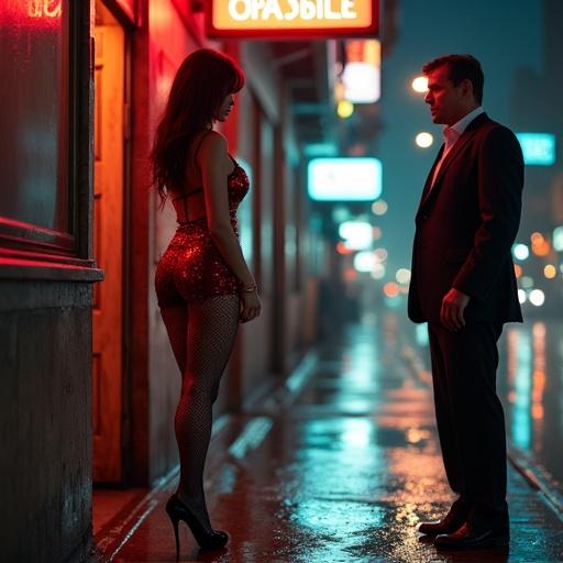 Ladyboy exotic dancer steps onto rain-slicked street from doorway of massage parlor. Dressed in red sequined dress and fishnet stockings. Businessman approaches with a smirk. Scene evokes tension and urban allure. Low angle shot emphasizes vulnerability. Handheld focus with blurring creates sense of movement. Distorted shadows cast by streetlamp add drama.