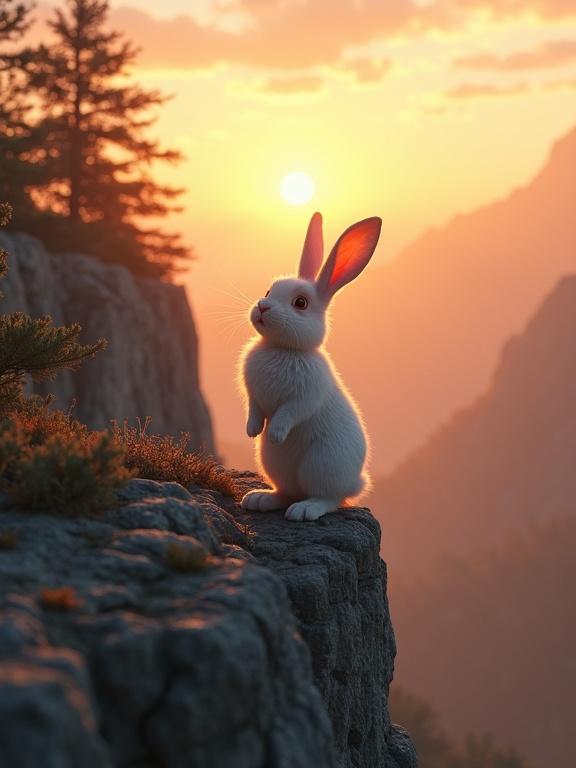 A human-sized rabbit with soft white and light pink fur stands upright at the edge of a mountain cliff. The rabbit looks down with a shocked expression. The background shows a vast mountain valley in sunset light.