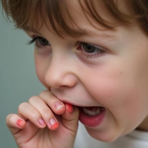 Closeup of a child's face displaying anxiety. Child biting nails. Skin around nails peeling. Soft background.