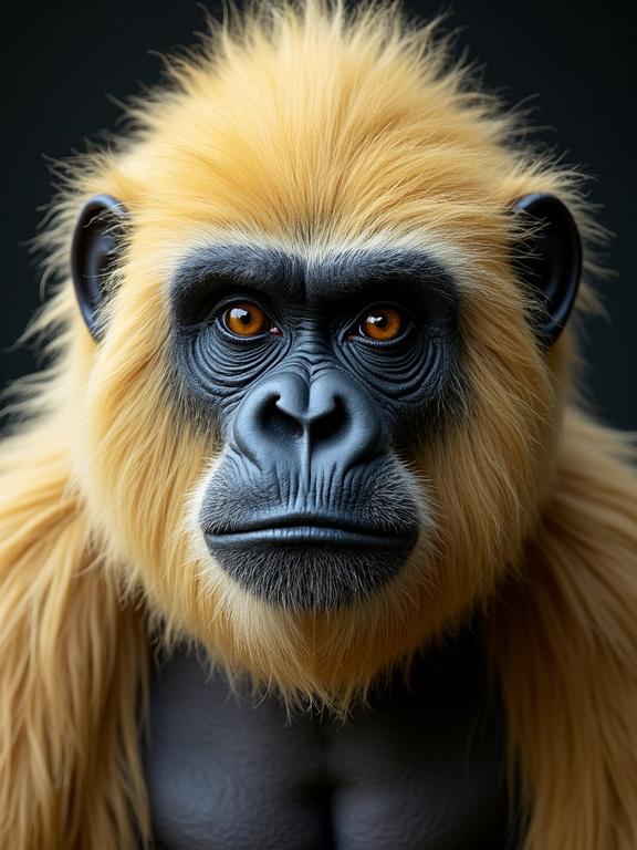 Gorilla with blonde female wig and makeup. Playful expression with emphasis on facial features. Focus on character appearance.