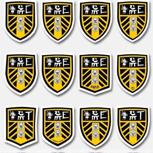 Sticker sheet featuring 16 varieties of Leeds United badges. Displayed in a grid formation. Each badge has a traditional design. Dominant colors are black, yellow, and white. Captures essence of sports fandom.