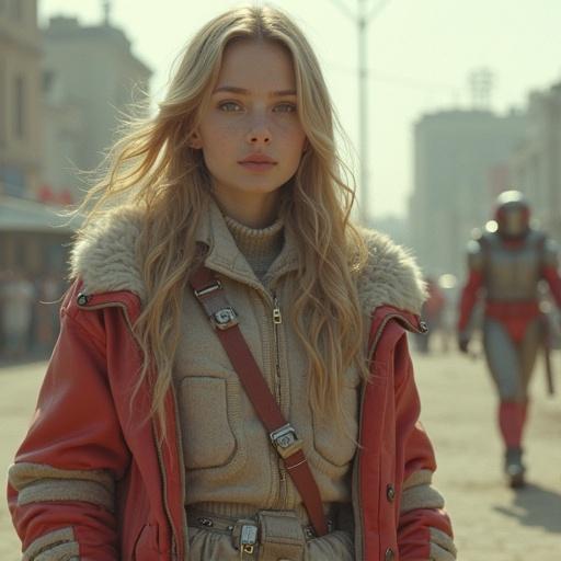 Young woman in racing attire leans against a damaged yellow racing car. Blonde hair, orange headphones, goggles, exposed midriff. Wears blue crop top, white pleated skirt, orange belt, armored sleeves. City backdrop with high buildings, mechanical constructs, flying vehicles, flags. Scene has a gritty sci-fi style with high detail and realism. Strong overhead light creates sharp shadows. Energetic, action-packed mood.