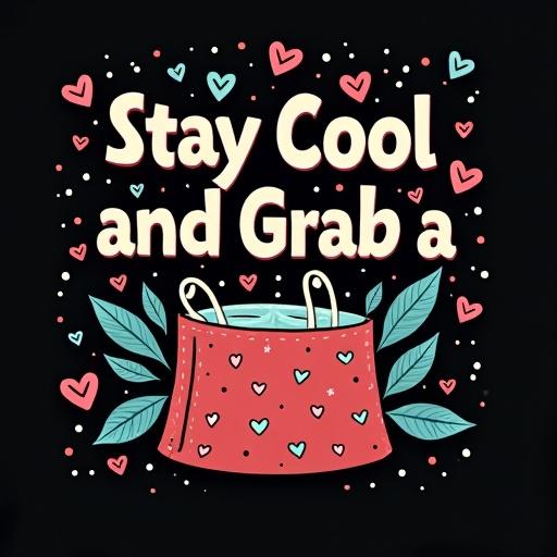 Black t-shirt with a graphic design featuring text and illustrations. Text: Stay Cool and Grab a Goodie Bag. Includes colorful hearts and leaves around the text.