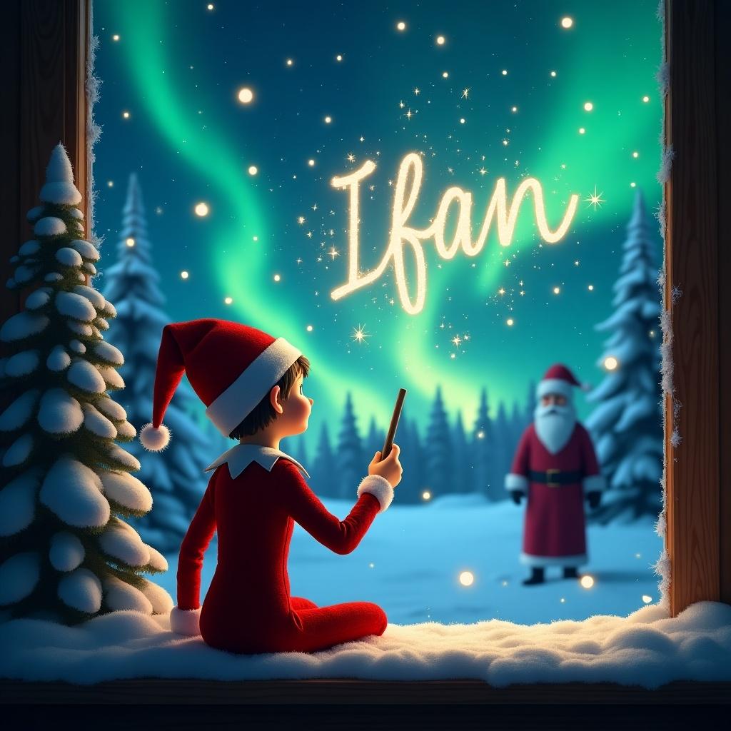 Elf on the shelf facing a magical night sky. Elf in red outfit using a wand to write Ifan in stars. Background has northern lights and snow-covered trees. Santa silhouette is in the distance. Scene shows Christmas theme and joy.