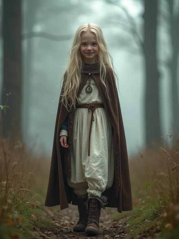 photorealistic image of a tween girl in a misty forest wearing a brown cloak and a white dress. She has long blonde hair, red eyes, and vampire fangs. She smiles as she walks down a path.