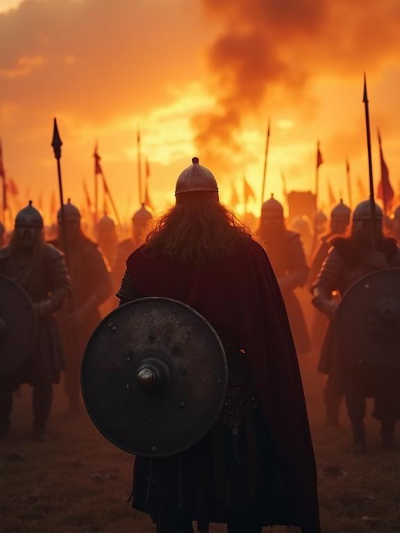 First-person view of a Viking gripping a shield during battle. Chaos surrounds. Sounds of metal clashing and war cries fill the air. Group of warriors visible. Sunset provides an orange glow over the battlefield. Mixed scents of sweat and blood with rising smoke from fires. Intense atmosphere.
