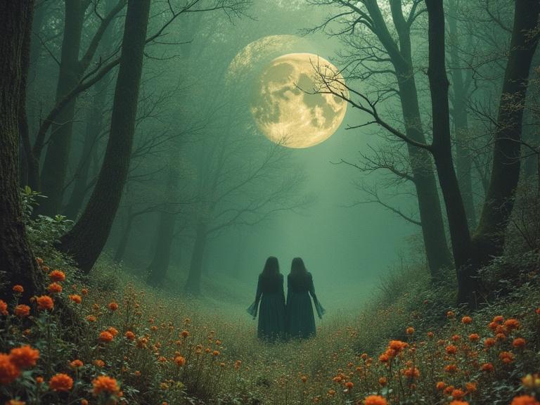 Surreal image depicting a magical dystopia featuring two women in dark dresses walking through a misty forest. A full moon looms overhead with an ethereal glow. The scene evokes a dark fairytale romance aesthetic reminiscent of classic illustrations.