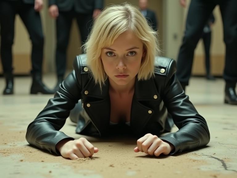 A young woman lies on a light beige floor. She wears a black leather biker coat. Her expression is serious and intense. She looks directly ahead. Her body is angled with arms outstretched. The floor appears wet or covered with a substance. Dark figures in clothing are in the background. The lighting is neutral, focusing on the woman. The overall style is realistic. The perspective is slightly from above.