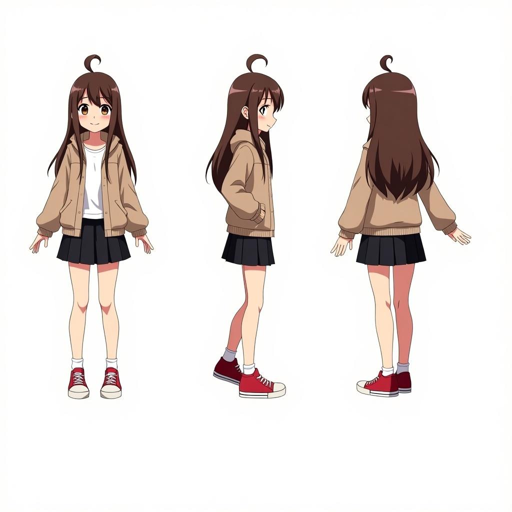 Character sheet in anime style shows friendly female character. Long brown hair styled casually. Outfit features comfortable jacket and black skirt. Shoes are red sneakers. Character displayed in front side back views. Design highlights approachable nature. Suitable for anime manga video game projects.