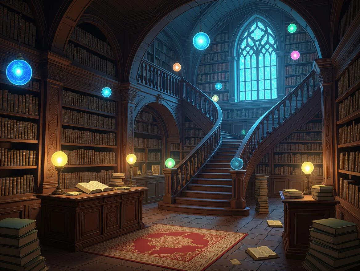 Mystical library filled with ancient books. Glowing orbs illuminate the space. A grand staircase spirals upward. The ambiance feels magical and inviting.