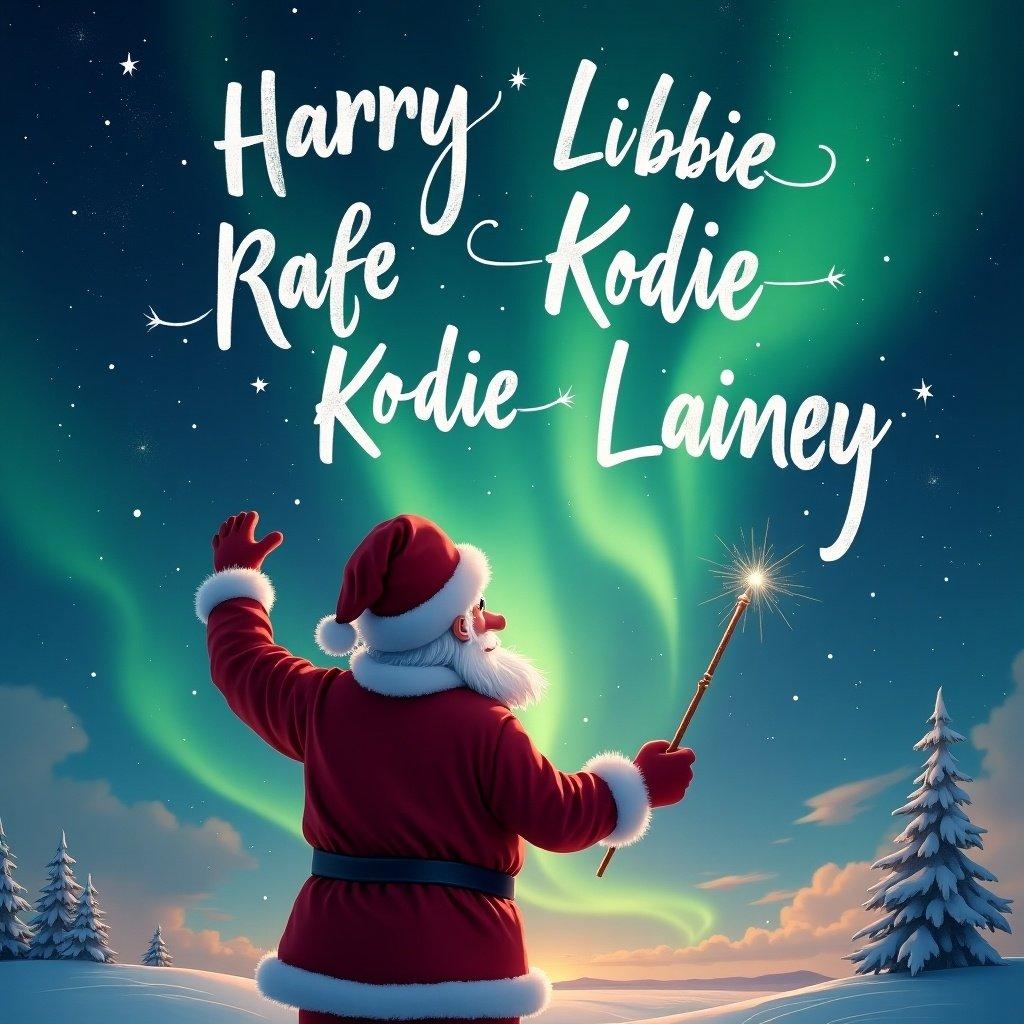 Santa faces the sky with a wand. Magical background features northern lights. Names Harry Libbie Rafe Kodie Lainey written in the sky in elegant writing with a magic wand.