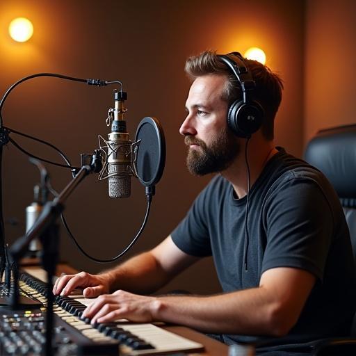 A person is sitting at a podcast studio with microphones and audio equipment. The setting is well lit and inviting for recording sessions.