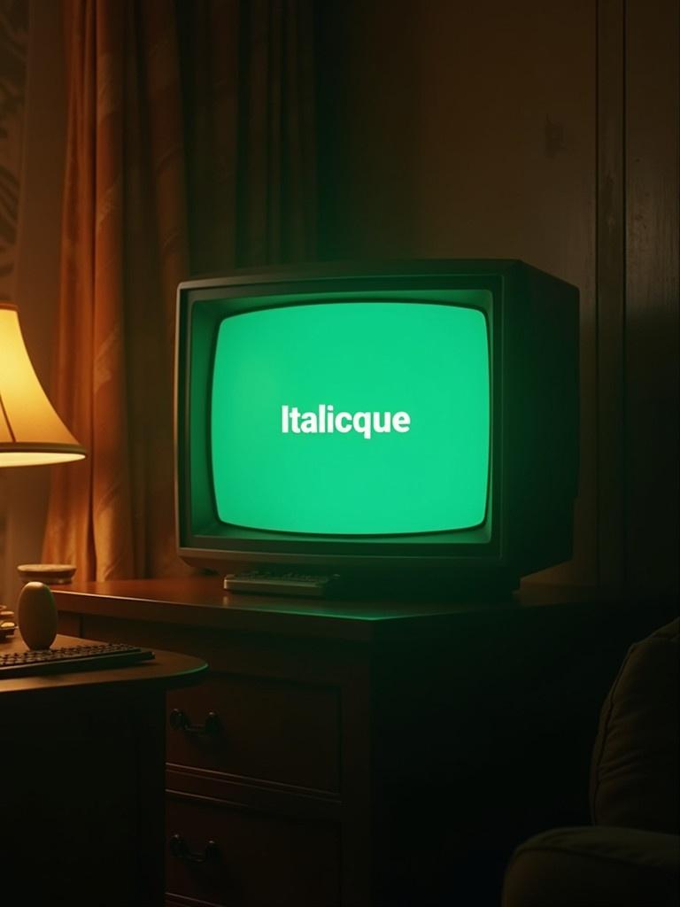 Image shows a vintage television displaying the word 'italicque' in green text. The scene is cozy and warmly lit. It features retro elements reminiscent of 1980s technology.