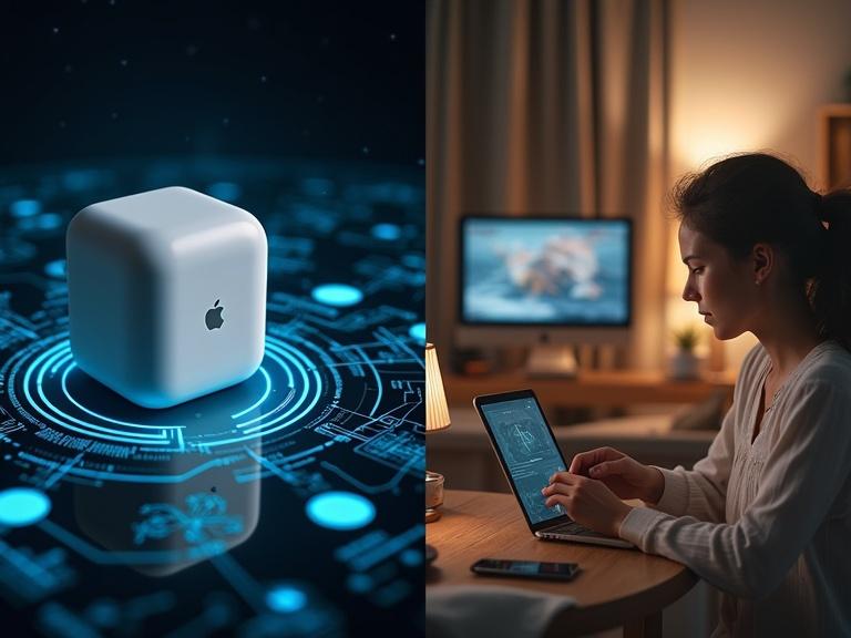 One scene shows a highlighted Apple product with digital data around it. Another scene shows a person using the product in a relatable home environment.