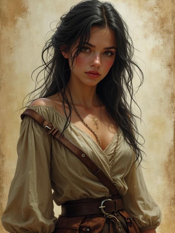A halfling with dark hair and brown eyes poses as a thief. Freckles adorn a pale complexion. Worn parchment paper background enhances the fantasy theme. Artistic style echoes Antonio J. Manzanedo and maintains a semi-realistic portrayal.