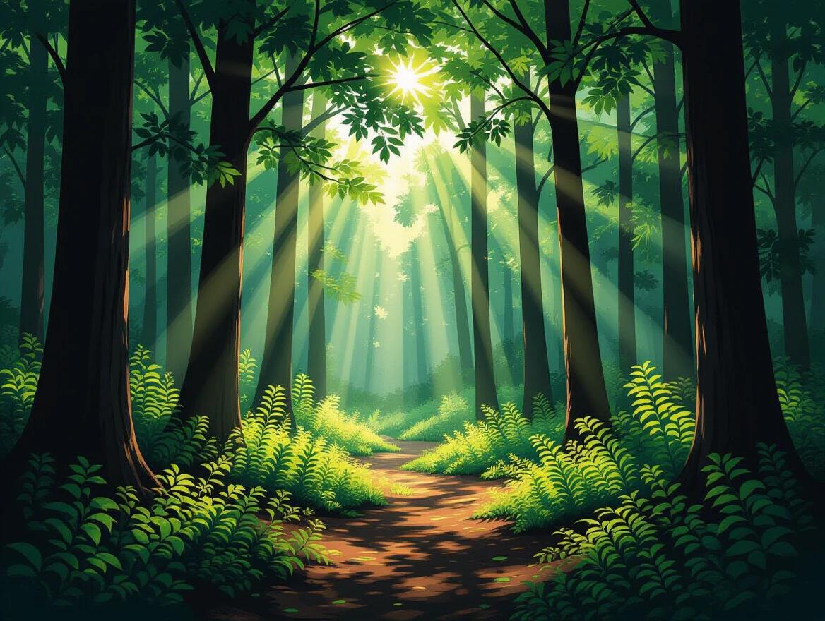 Sunlight filters through the dense leaves of a forest. The ground is covered with dappled shadows. A clear path invites exploration. The scene is highly stylized and vibrant.