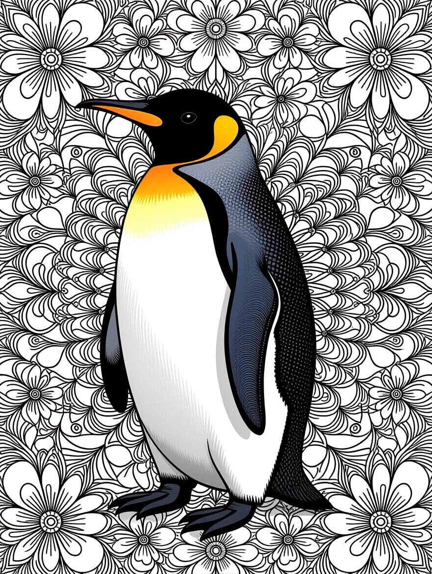Highly detailed penguin displayed in zentangle style with a 3D Droste effect background. Vivid colors contrast with intricate black-and-white floral patterns. Artwork presented in 8K resolution.